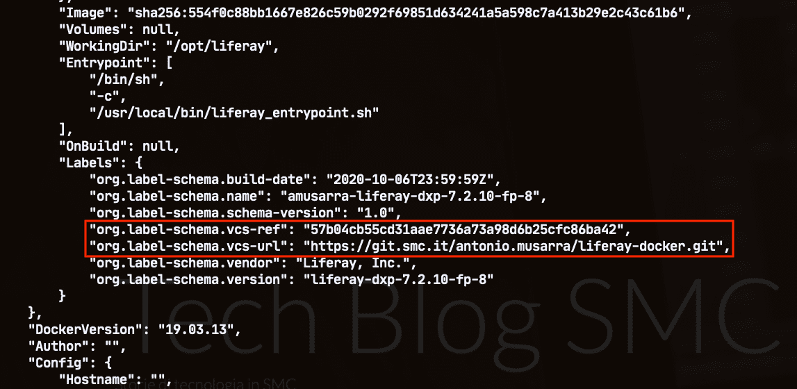 Figure 22 - Output part of the docker image inspect command with references to Git (or VCS) highlighted