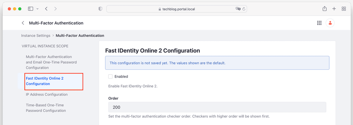 Figure 7 - Access to the configuration of FIDO2 or Fast IDentity Online 2