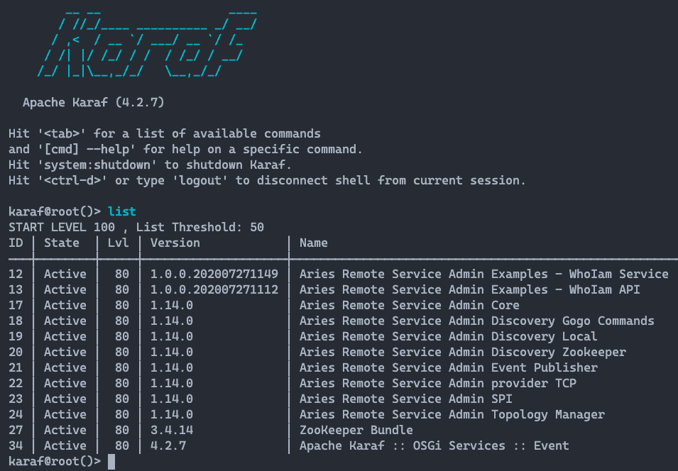 Figura 12 - Output del comando list su una delle istanze Apache Karaf da cui è
possibile vedere i bundle di Apache Aries (RSA), Apache ZooKeeper + i bundle dei
servizi remoti sviluppati.