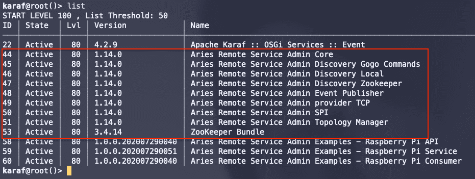 Figura 9 - Bundle di Apache Aries (RSA) e Apache ZooKeeper installati sul
Raspberry Pi