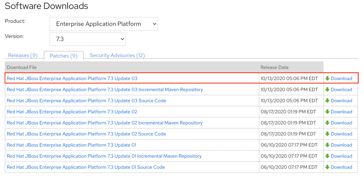 Figure 28 - Red Hat JBoss Enterprise Application Platform 7.3 Patch download section