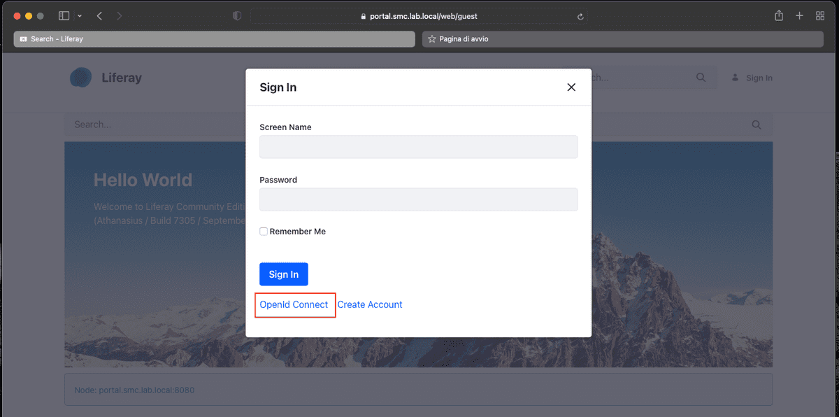 Figura 17 - Accesso OpenID Connect tramite il link OpenID Connect esposto sulla portlet di Login standard di Liferay