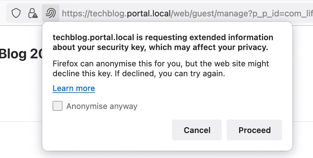 Figure 10 - Browser warning that the application is requesting the use of your Security Key